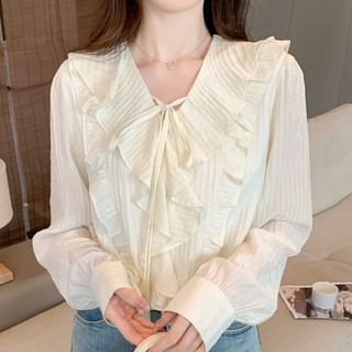 V-Neck Plain Ribbed Ruffle Blouse