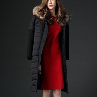 Mythmax Furry-Trim Hooded Paneled Padded Coat