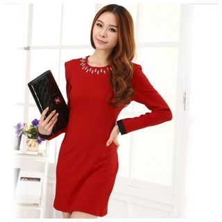 YIJINGMEI Embellished Long-Sleeve Slim-Fit Dress