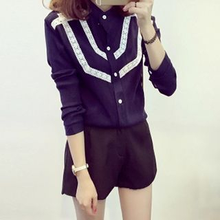 Little V Mandarin Collar Lace Panel Blouse