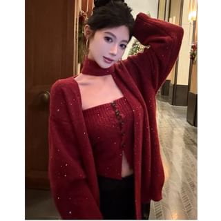 Set: Strapless Plain Button Tube Top + Plain Oversized Cardigan + Scarf Red - One Size