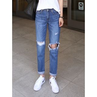 hellopeco Cutout Washed Straight-Cut Jeans
