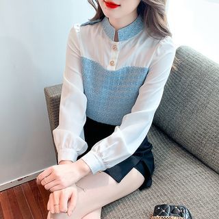 Long-Sleeve Check Panel Blouse