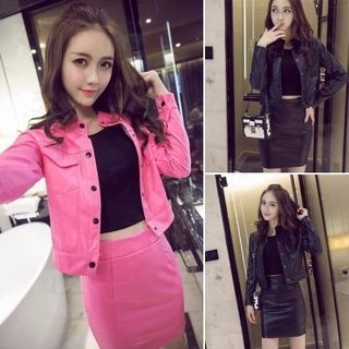 QZ Lady Set: Faux Leather Jacket + Skirt
