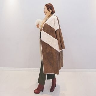 PPGIRL Color-Block Faux-Shearling Coat With Sash