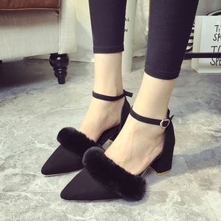 SouthBay Shoes Ankle Strap Furry Trim Pointy Pumps