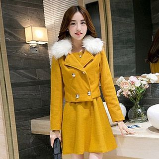 Lovebirds Set: Sleeveless Plain A-Line Dress + Double-Breasted Furry-Collar Cropped Jacket
