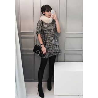 STYLEBYYAM Short-Sleeve Fringed Tweed Mini Dress