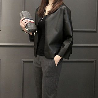 NIPONJJUYA Open-Front Faux-Leather Jacket