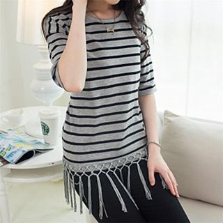 Jiuni Elbow-Sleeve Fringe Striped Knit Top