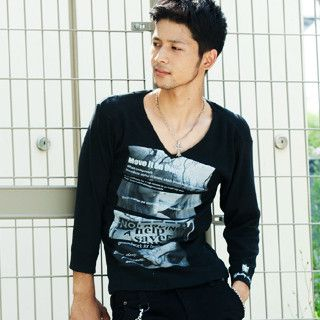 3/4-Sleeve V-Neck Print T-Shirt