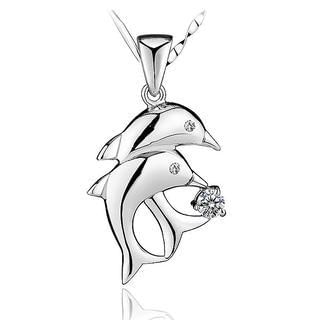 BELEC White Gold Plated 925 Sterling Silver Dolphin Pendant with White Cubic Zirconia and 45cm Necklace