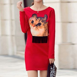 Fancy Show Long-Sleeve Cat-Print Dress