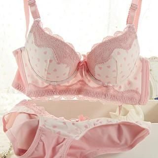 HYG Lingerie Set: Lace-Trim Heart-Print Bra + Panties