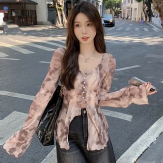 Flared-Sleeve V-Neck Tie Dye Front-Slit Tee Brown - One Size