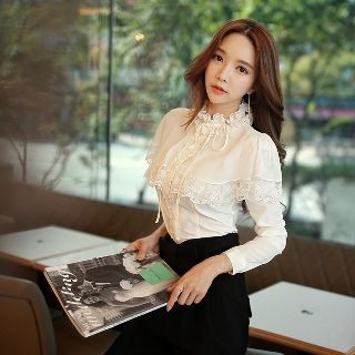 Dabuwawa Cape Shoulder Lace Trim Blouse