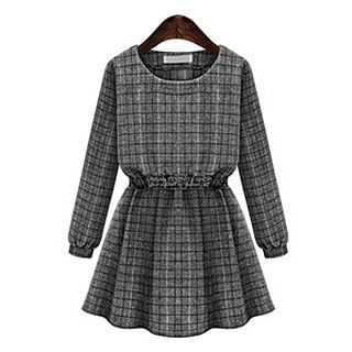 AGA Plaid Gather-waist Long-Sleeve Dress