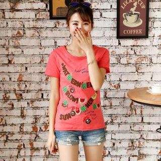 Cute Colors Short-Sleeve Watermelon Embroidered T-Shirt