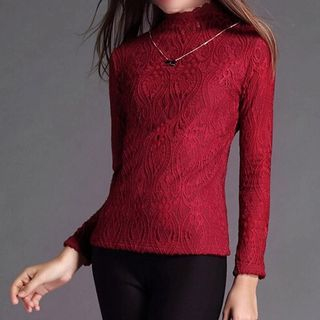 Fumiko Long-Sleeve Lace Stand Collar T-Shirt