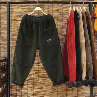 Elastic Waist Plain Panel Fleece-Lined Corduroy Cropped Tapered Pants