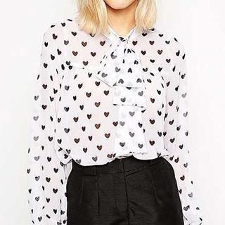 Richcoco Heart Print Tie-Neck Chiffon Shirt