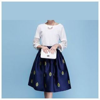 Strawberry Flower Set: 3/4-Sleeve Top + Print A-Line Skirt