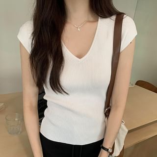 Cap-Sleeve V-Neck Plain Ribbed Tee