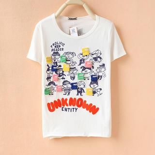 Cute Colors Short-Sleeve Cartoon Print Appliqué T-Shirt
