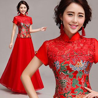 Angel Bridal Lace Panel Embroidered Wedding Cheongsam