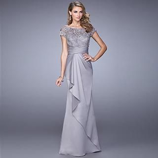 Angel Bridal Short-Sleeve Paneled Evening Gown