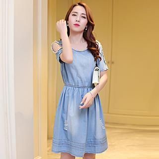 Romantica Short-Sleeve Beaded Distressed Denim Dress