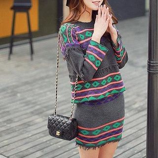 Fashion Street Set: Patterned Knit Pullover + Skirt