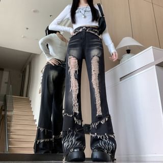 High Rise Graphic Print Ripped Flared Jeans