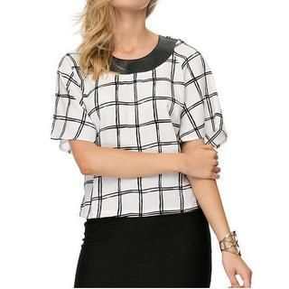 Richcoco Short-Sleeve Faux Leather Panel Check Top