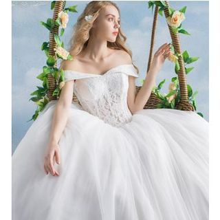 MSSBridal Off Shoulder Lace Panel Ball Gown Wedding Dress