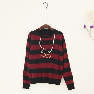 11.STREET Fake-Glasses Embroidered Striped Knit Top