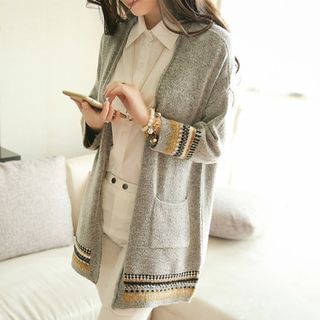 Soft Luxe Patterned Trim Open Front Knit Jacket