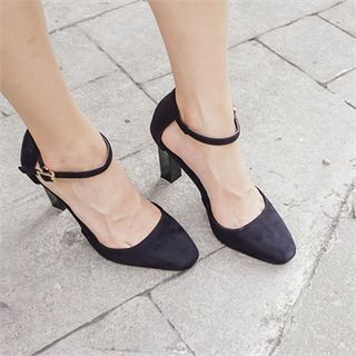 midnightCOCO Faux-Suede Ankle-Strap Chunky-Heel Pumps