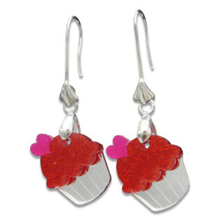 Sweet & Co. Sweet Glitter Red Mirror Cupcake Silver Earrings