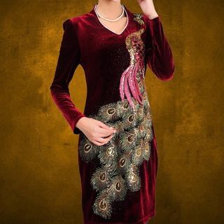 Sayumi Long-Sleeve Phoenix Embroidered Dress