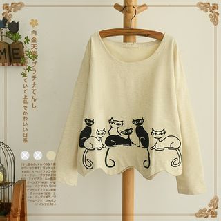 Angel Love Cat Applique Long-Sleeve Collared Top