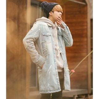 ABOKI Denim Distressed Fleeced-Line Coat