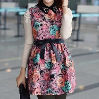 Dowisi Rhinestone Collar Floral Dress