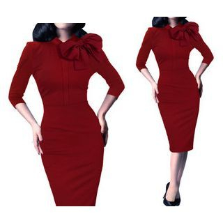 Forest Of Darama Bow Accent 3/4-Sleeve Sheath Dress
