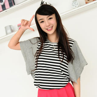 59 Seconds Batwing Sleeve Striped Panel T-Shirt Gray - One Size