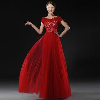 Royal Style Off-Shoulder Lace Panel Sheath Evening Gown