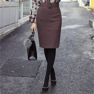 ode' Inset Belt Wool Blend Pencil Skirt