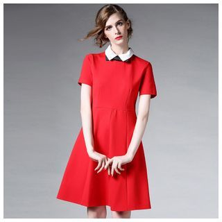 Elabo Contrast Collar Short-Sleeve A-Line Dress