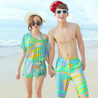Sweet Splash Couple Set: Print Bikini + Cover-Up Top + Swim Shorts