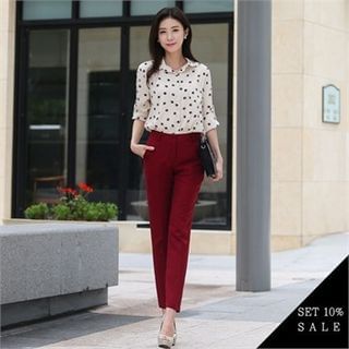 COCOAVENUE Set: Patterned Roll-Up Sleeve Blouse + Flat-Front Dress Pants